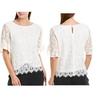 Nanette Lepore White Lace Ruffle Sleeve Scallop Hem Top